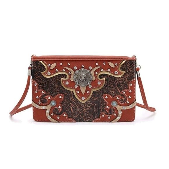 Women's Rhinestone Studded Medium Copper Cowgirl Trendy Crossbody Purse - Picture 3 of 3
